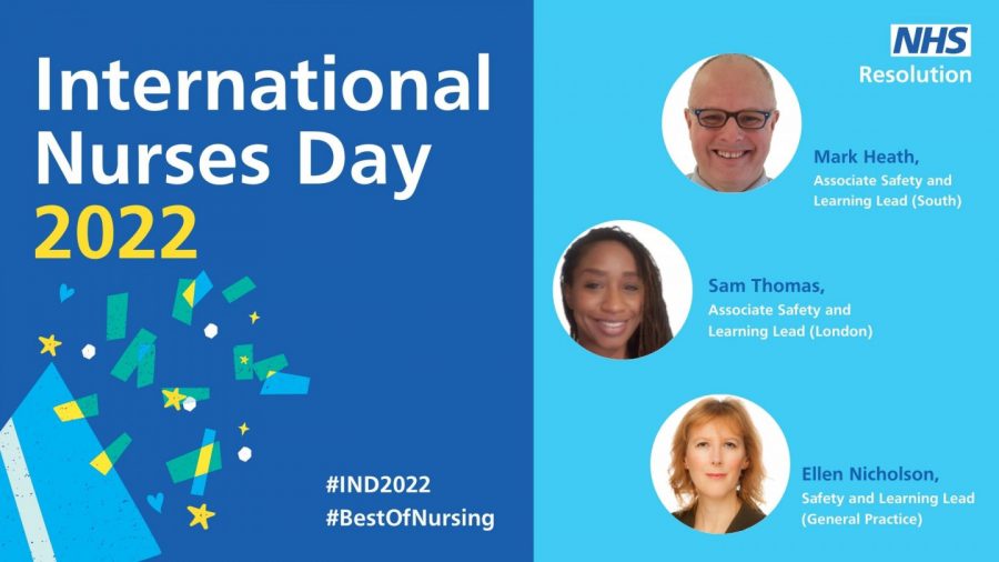 Graphic for International Nurses Day 2022 with images of employees Mark Heath, Sam Thomas and Ellen Nicholson