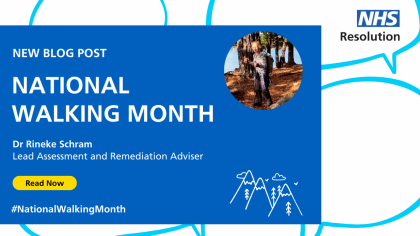 Graphic for the blog post, with a heading that says National Walking Month, and the author Dr Rineke Schram, Lead Assessment and remediation Adviser
