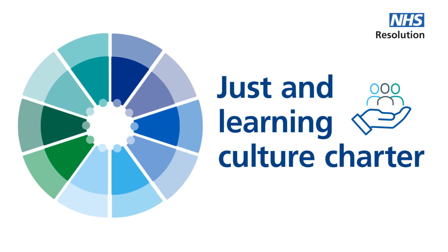 The text Just and learning culture charter sits alongside a circle pie chart split into 10 segments, which signifies the different parts of the charter.