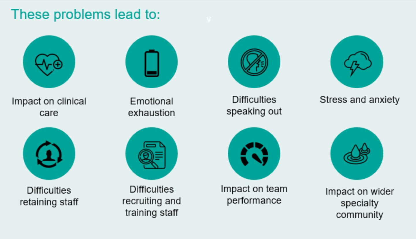 impact on clinical care, emotional exhaustion, difficulties speaking out, stress and anxiety, challenges in retaining and recruiting staff, and negative effects on team performance and the wider specialty community.
