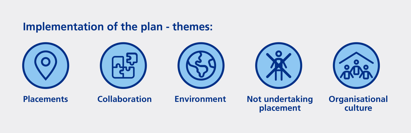 Implementation of the plan themes include placements, collaboration, environment, organisational culture and not undertaking placement.