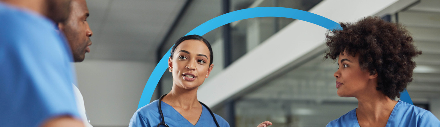 Decorative banner showing clinicians chatting