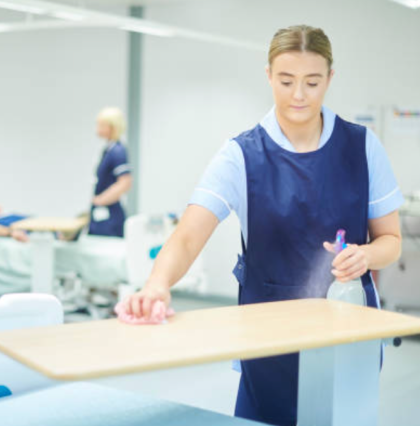 Decorative image of someone cleaning a hospital room